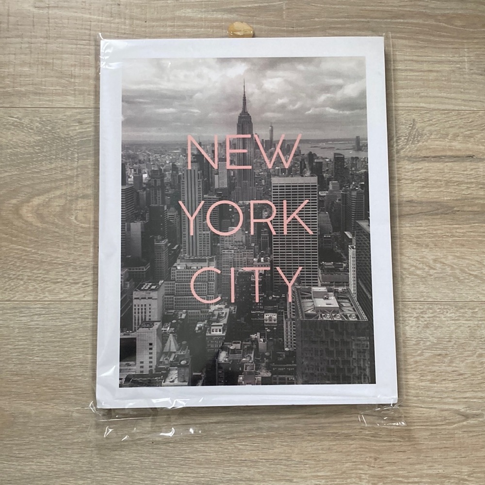 New York City print. Gray city with pink lettering. 11x14 in.